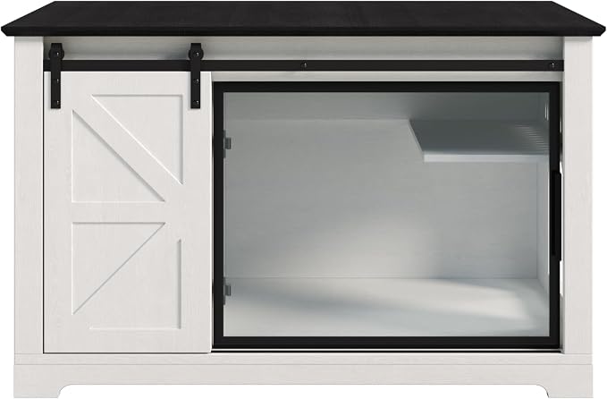 46 Inch Farmhouse Cat Litter Box Enclosure with Storage, White | App-Controlled LED Light, Sliding Barn Door, Acrylic Viewing Door, Adjustable Shelf, Dual Entry and 220 lb Top Capacity