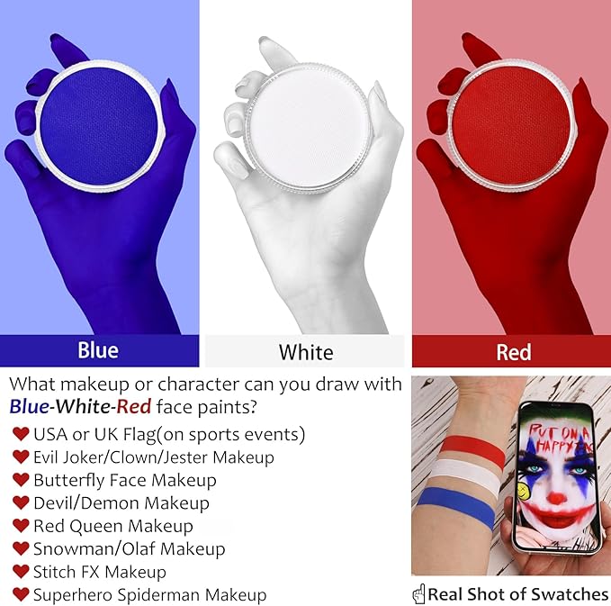 US Flag Red White And Blue Joker Face Body Paint, Water-Based Face Painting Kit with Brushes for America’s Patriotic Parades 4th of July USA Independence Day & Halloween Costume Clown Cosplay Makeup