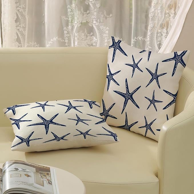 Navy Blue Starfish Pillow Covers 18x18 Inch Set of 2 Coastal Throw Pillows Spring Summer Nautical Ocean Theme Beach Decorative Pillow Cases Linen Outdoor Decor Cushion Case for Home Bedroom