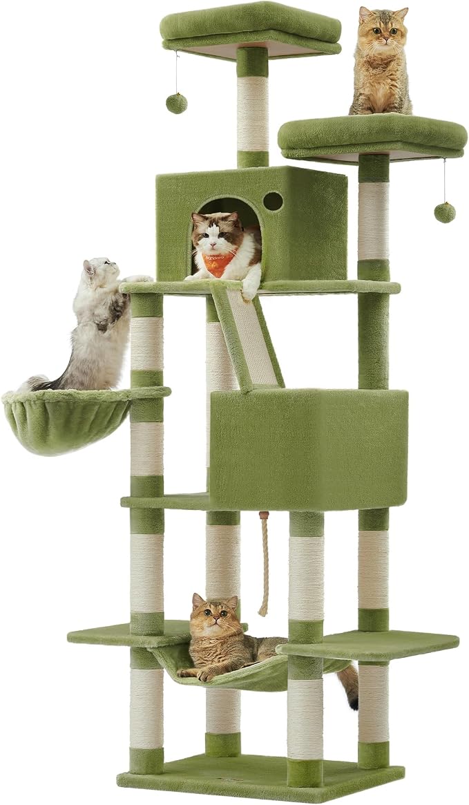 Feandrea Cat Tree, 81.1-Inch Large Cat Tower, Multi-Level Condo, Green | with 13 Sisal Scratching Posts, 2 Perches, 2 Cave, Hammock, Basket, Pompoms for Indoor Cats, Easy to Assemble, UPCT190C01