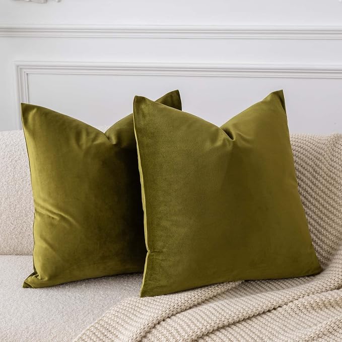 26x26 Decorative Velvet Euro Throw Pillow Covers Set of 2,Olive Green | JUSPURBET Cozy Soft Pillowcases with Invisible Zipper for Modern Couch Sofa Bed Living Room Bedroom Home Decor