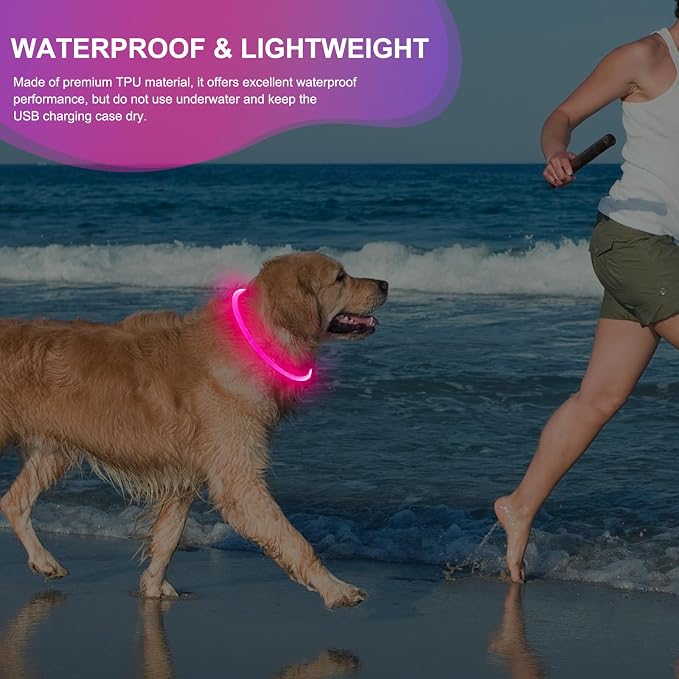 Light Up Dog Collar - Waterproof LED Pet Collar Rechargeable, TPU Cuttable Glow in the Dark Dog Lights for Night Walking (Pink)