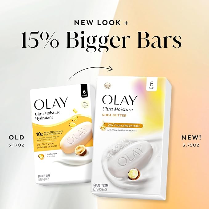 Olay Beauty Bar, Ultra Moisture,10x More Moisturizers, 24/7 Soft & Smooth Skin, Gentle Cleanse on Face & Body, Vitamin B3 Complex, For All Skin Types, Shea Butter Scent, 3.75 oz, (Pack of 6)