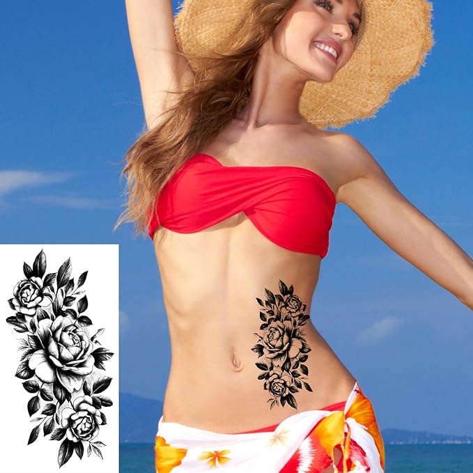 82 Sheets 3D Flowers Temporary Tattoos for Women Adult, Including 12 Sheets Large Fake Tattoos That Look Real and Last Long, Waterproof Rose Moon Butterfly Tiger Snake and Flowers Tattoos