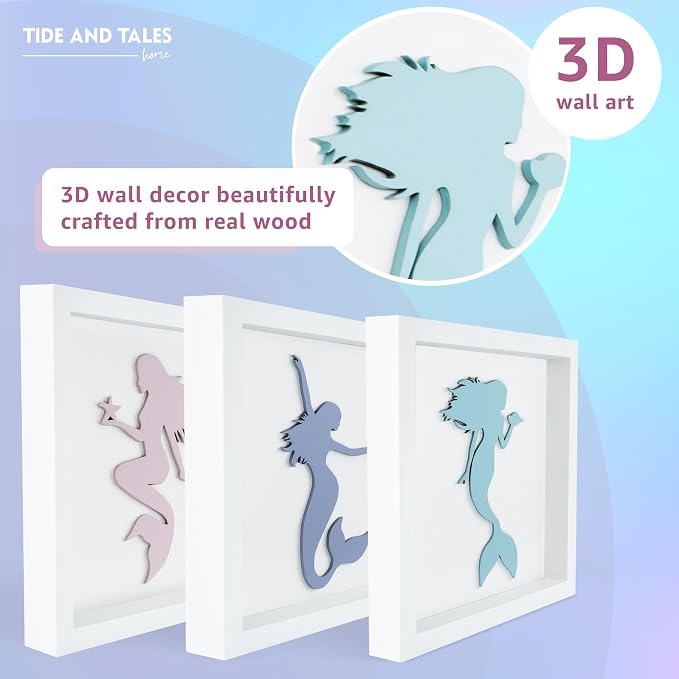 Tide and Tales Elegant 3D Mermaid Wall Decor, Framed Wooden Set of 3 Silhouettes in Pastel Colors, Mermaid Bathroom Decor, Ocean Room Decorations for Girls Bedroom, Ocean Wall Art