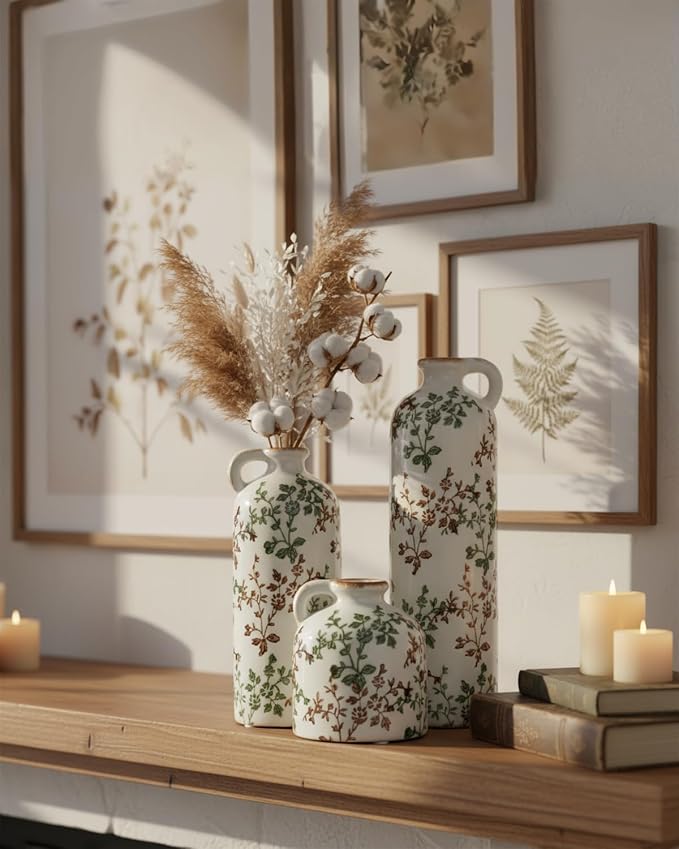 Green Floral Vase Set of 3 with Handles, Vintage Ceramic Jugs for Decor | Crackle glaze finish for farmhouse living rooms, shelves and table displays