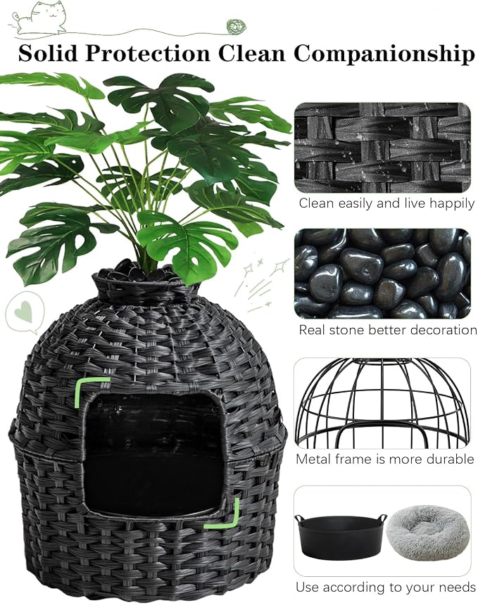SETVSON Cat Litter Box Plant Furniture Enclosure, PE Rattan House, Black | Decorative Planter Design, Easy Clean, Artificial Plants & Real Stones Included, Private Inner Litter Box, 20" x 20" Compact