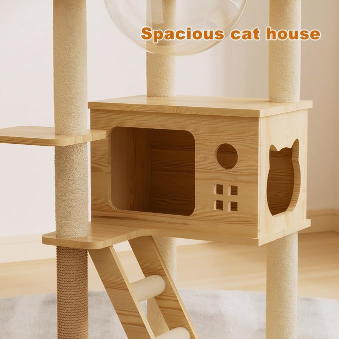 Cat Tree & Litter Box Enclosure,Modern All-in-one Indoor Cats Tower with Large Platform, Cat Condo with Wood House, Food Station, Hammocks (45.8“)