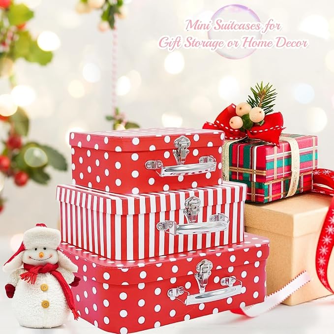 Paperboard Suitcases Set of 3 Decorative Storage Boxes With Lids, Red Gift Boxes With Lids, Nesting Gift Boxes for Disney Toys Barbie Doll Kids, Christmas or New Year Decoration