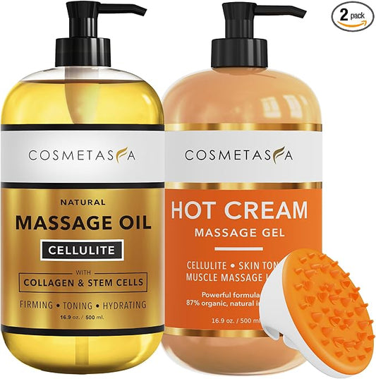 Cellulite Massage Oil, Gel & Mitt - Natural Hot Cream Massage Gel, Oil & Massager - Firm, Tone, Tighten & Moisturize Skin. Soothes Muscles (16.9 oz)