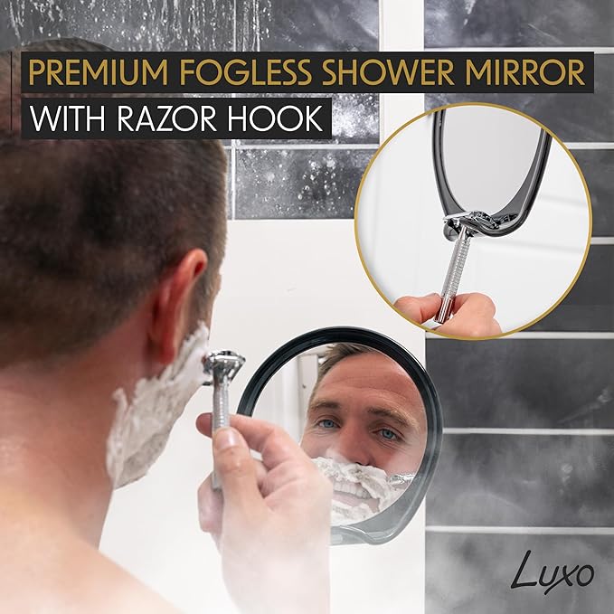 Luxo Shower Mirror, Shaving Mirror with a Razor Holder for Shower and Powerful Suction Cup - Shatterproof Shower Mirror fogless for Shaving, fogless Mirror for Shower (Black)