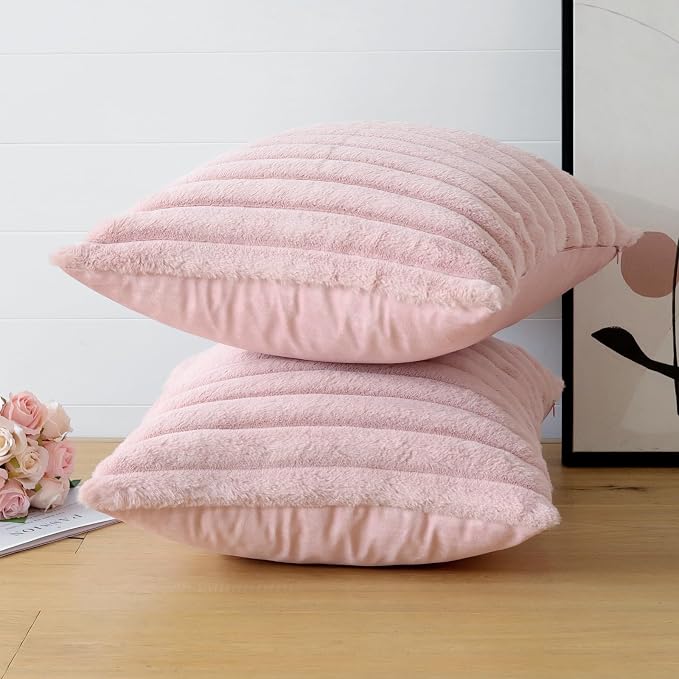 Soleebee Set of 2 Throw Pillow Covers Soft Cozy Velvet Pillowcase Faux Rabbit Fur Cover for Couch Sofa Bed Chair Home Decorative Pillows Cover (18x18 Inch, Blush Pink)