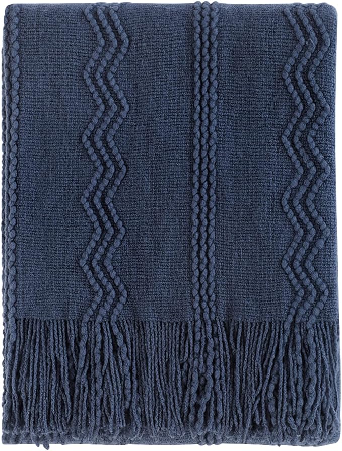 BOURINA Navy Throw Blanket 50x60 Inch Boho Knitted Soft Throw Sofa Blanket | Knitted Throw Blanket 50x60 Inches, Soft Lightweight Boho Weave Throw Decorative Couch Blanket for Living Room Bedroom Chair