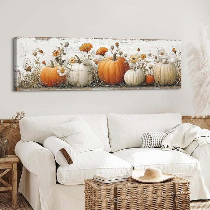 Large Pumpkin Wall Art Fall Wall Decor Farmhouse Kitchen Pictures Wall Decor Autumn Pumpkins Leaves Canvas Prints Painting Rustic Botanical Poster Artwork for Bedroom Living Room Decoration 14x48”
