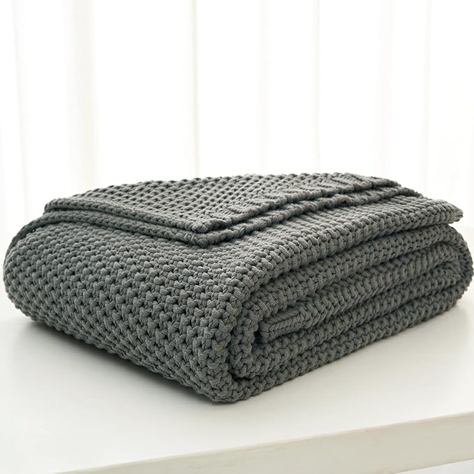 Chunky Cable Knit Throw Blanket Lightweight Grey 100% Organic Cotton Blanket for Sofa Couch Bed Baby Nursery, Rustic Shabby Chic Modern Farmhouse, Gray 51” x 63” Give Laundering Bag