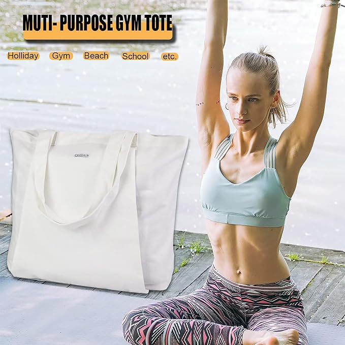Yoga Mat Bag for Women, Pure Cotton Canvas Yoga Tote with Wet/Dry Pocket, Bottle Holder & Inner Zipper Pocket, Yoga Mat Carrier Bag for Pilates, Gym, Travel, Beach