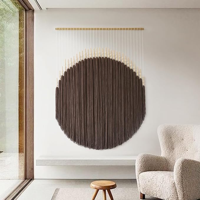 Macrame Wall Hanging Brown Geometric Art Beaded HandmadeTassel 39"W*45"L | Boho Wall Art, Handmade Wall Hanging, Modern Decor, Dorm Room Style, Living Room Accent, Office Decoration, Round Wall Art
