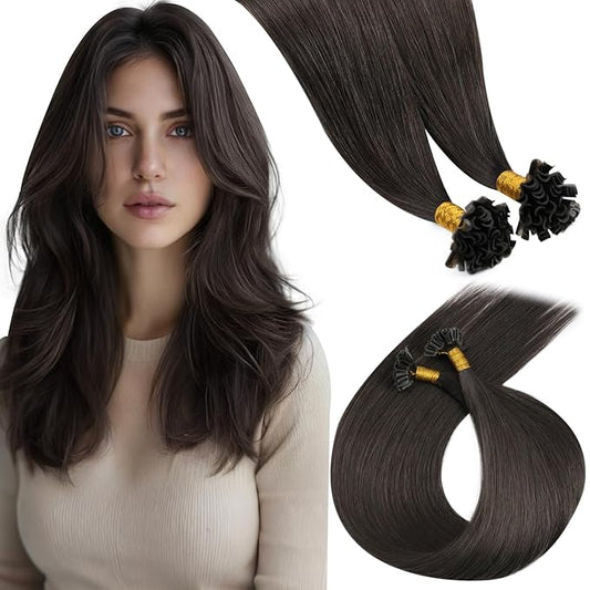 LaaVoo Ktip Human Hair Extensions Mocha Brown K Tip Hair Extensions Real Human Hair Pre Bonded Utips Extension Long Straight Hair 24 Inch 50g 50s