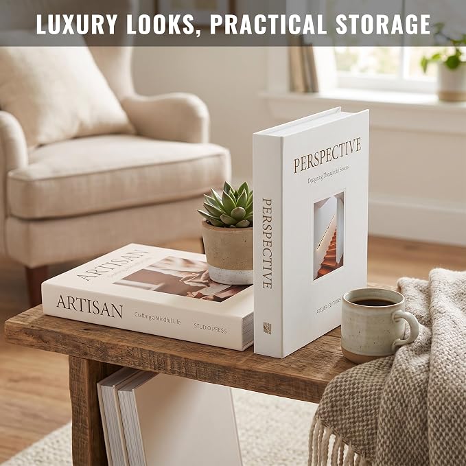 Beautiful Decorative Books - Set of 2 Boxes Enhance Your Coffee Table, Bookshelf or Mantel Shelf Decor - Aesthetic Fake/Faux Books for Modern Home Decoration, Photo Storage and as a Keepsake Box
