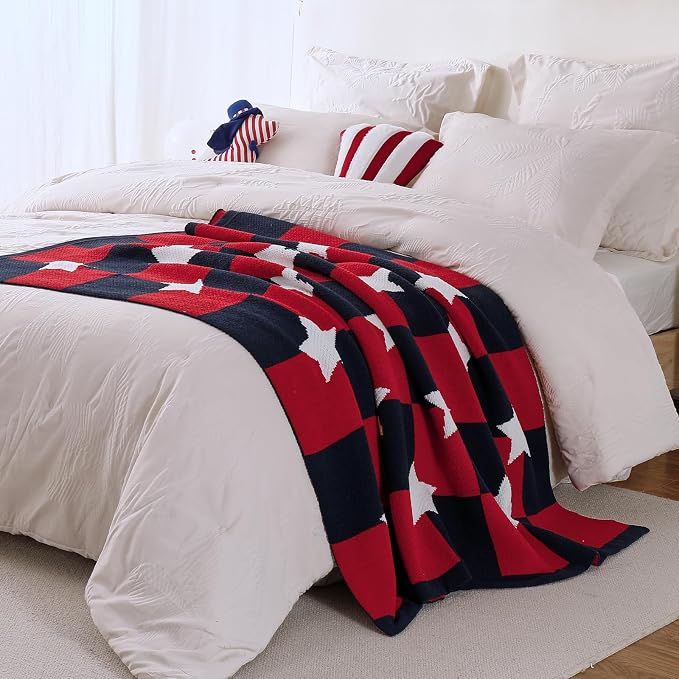 Patriotic Ultra Soft Knit Chenille Throw Blanket - Red White Blue Stars American Flag Pattern Cozy Blankets for Couch, 4th of July Memorial Independence Day Gifts, 50"x60", Red&Blue