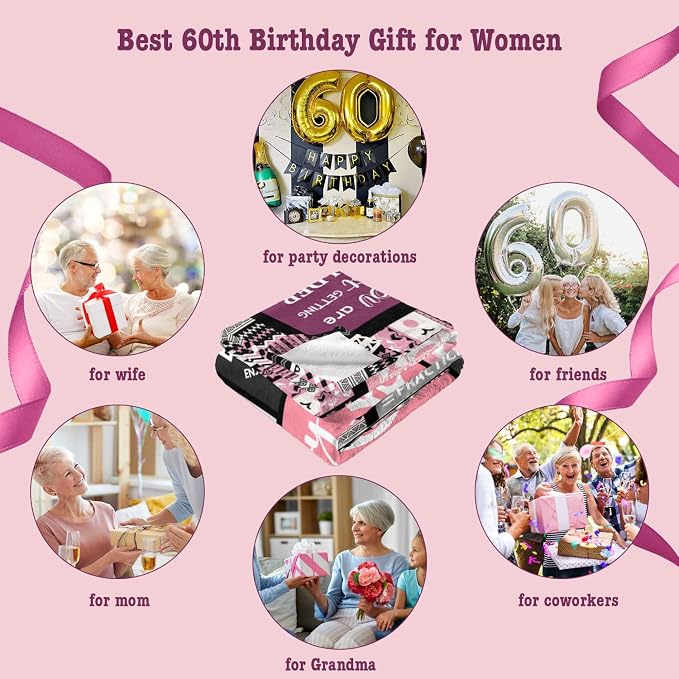 Ivivis 60th Birthday Gifts for Women Throw Blanket 60”X50”, Happy 60th Birthday Decorations Gift Ideas for 60 Year Old Woman, 1966 Bday Gifts for Mom Grandma