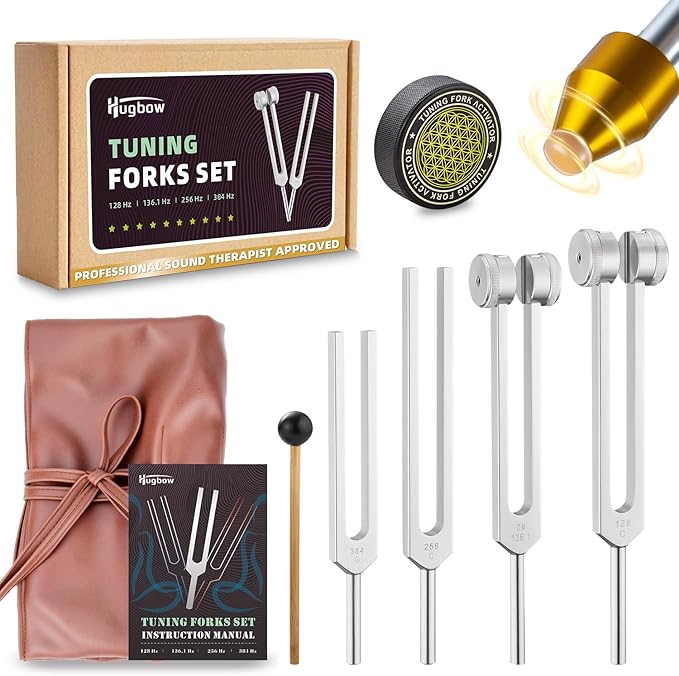 Tuning Forks for Healing, Aluminum Alloy Tuning Fork 128Hz, 136.1Hz, 256Hz, 384Hz, Hockey Puck Activator & feet, Weighted & Unweighted Tuning Fork Set with Vegan Leather Pouch