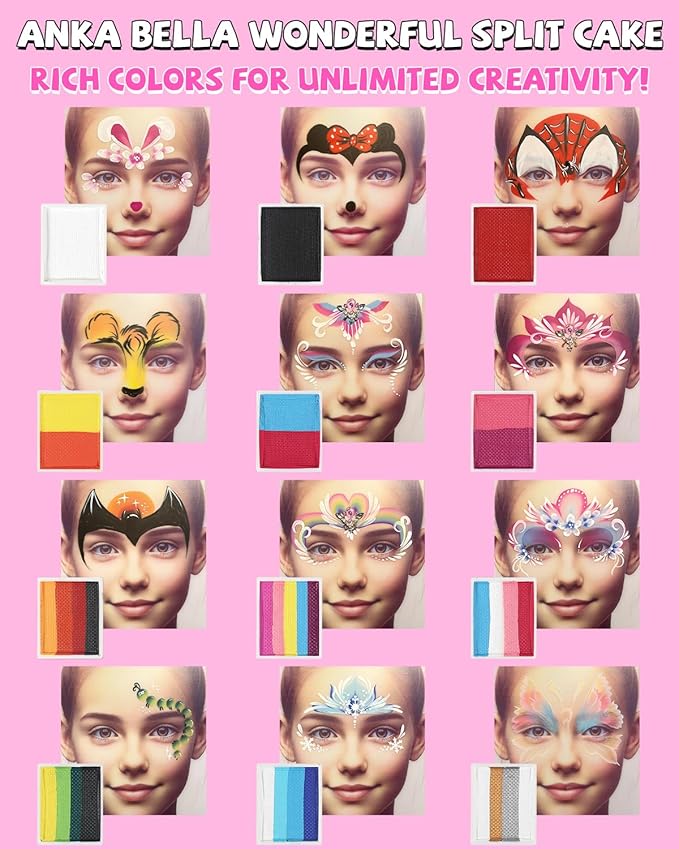 Anka Bella Professional Face Painting Kit,12X10gm Water Based Cake Face Paint with Stencil & Brushes,Hypoallergenic Safe & Non-Toxic,Gift for Birthday Parties/Halloween/Christmas