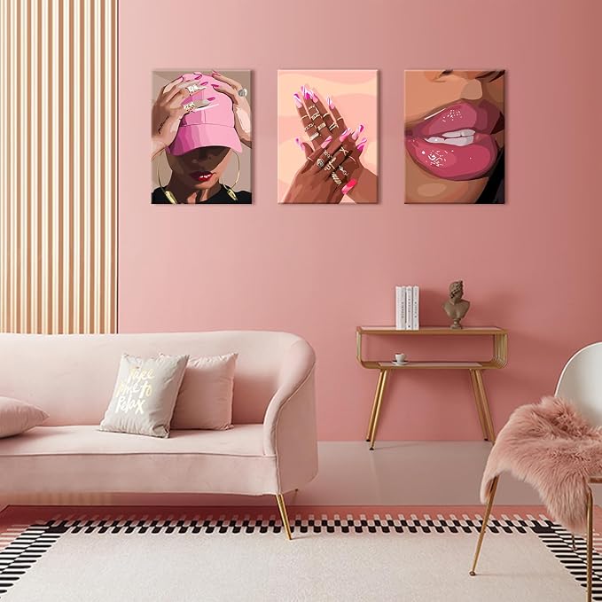 Black Girl Wall Art Set of 3 - Pink African American Woman Canvas Wall Decor Pictures, Fashion Black Woman Paintings Prints for Living Room Bedroom Bathroom Dorm 12x16 inch Framed