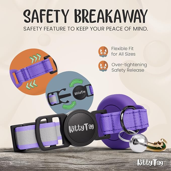 AirTag Cat Collar – Breakaway Reflective & Waterproof Collar with Built-in Holder, Adjustable with Bell for Indoor/Outdoor Cats – AirTag Not Included, Purple (9-12")