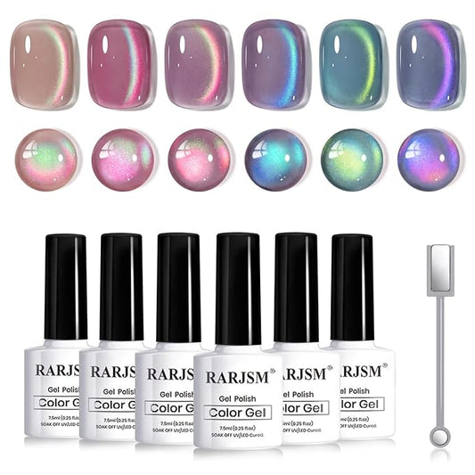 RARJSM Aurora Diamond Ceramic Cat Eye Gel Nail Polish Set 6pcs Sparkly Multi Color Galaxy Milkyway Glitter Glassy Cateye Gelpolish with Magnet Stick 7.5ml Curing Requires Soak Off for Home Salon