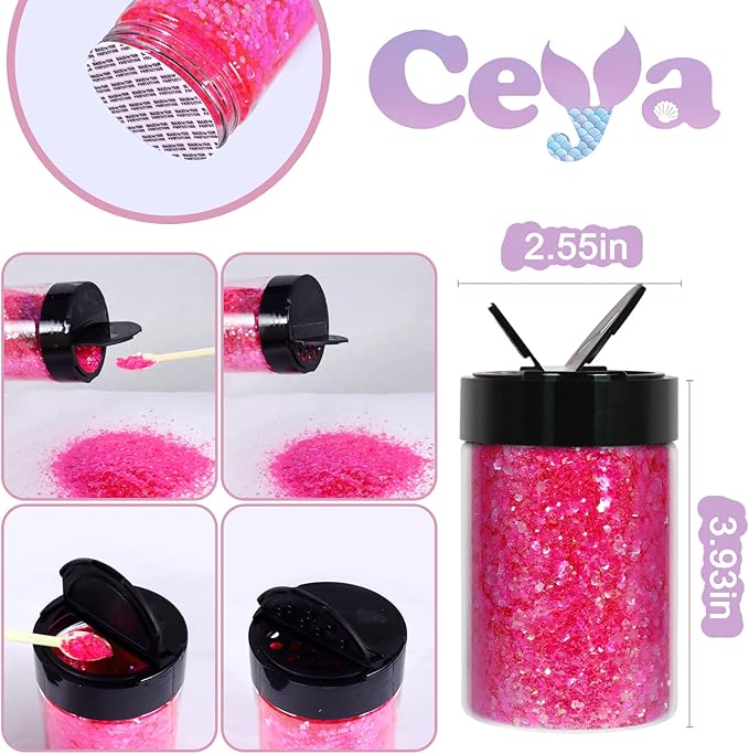 Ceya Chunky Glitter, 4.9oz/ 140g Vibrant Pink Craft Glitter Powder Mixed Fine Flakes Halloween Glitter Sequins for Pink Bat, Glass Houses, Nail Art, Hair, Epoxy Resin, Tumbler, Slime, Festival Decor