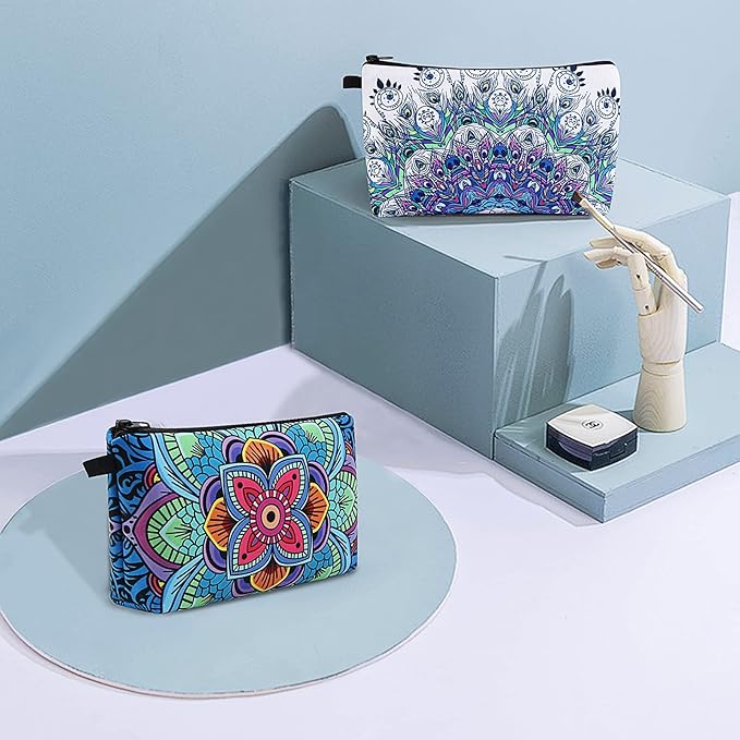 MAGEFY Makeup Bag, 2 Styles Travel Cosmetic Bag for Women Cosmetic pouch Elegant Blue Patterns Zipper Pouch Waterproof Makeup Pouch Cute (2 Packs, Peacock feather + Mandala pattern 0179)