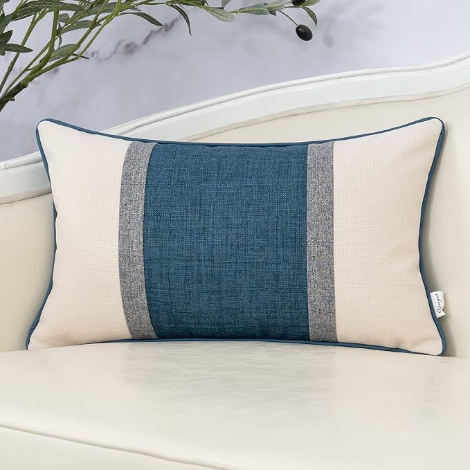 Patchwork Pillow Cover 12x20 Inch Luxury Cotton and Linen Cushion Cover Rectangle Pillowcover for Couch Bedroom Living Room, Blue