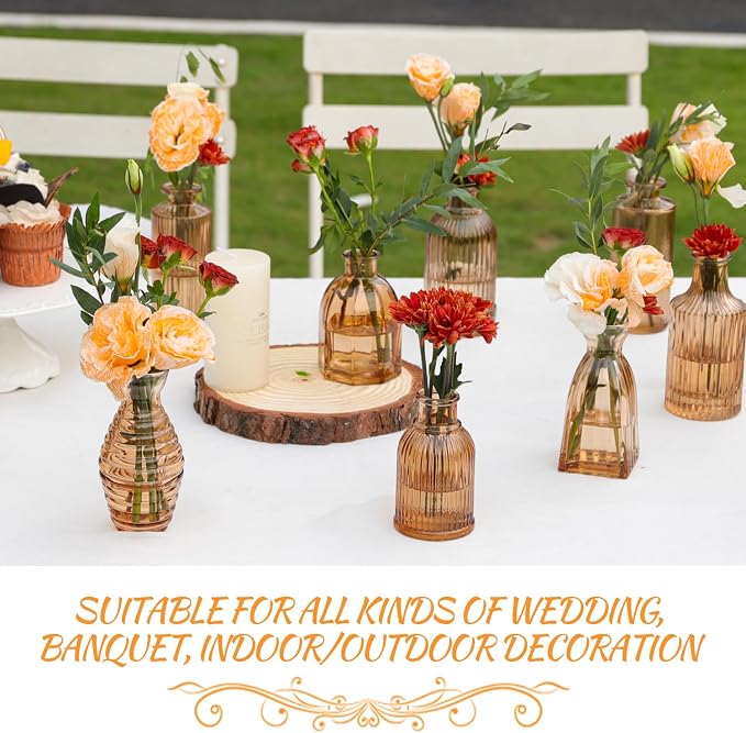 Bud Vases Set of 12, Amber Glass Bud Vase in Bulk for Decor | Small Glass Vases Modern Ribbed Amber Vase Flower Vase for Vintage Boho Wedding Centerpieces Rustic Home Table Decoration