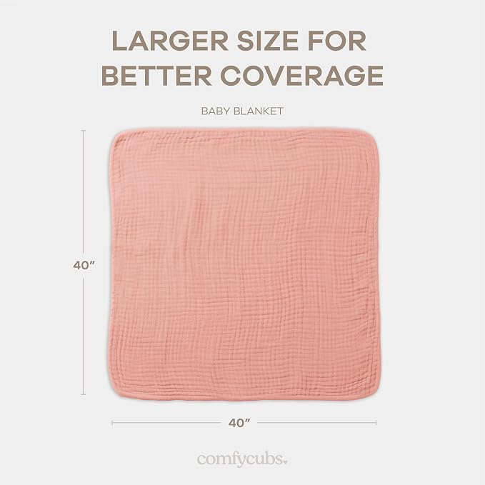 Comfy Cubs Muslin Baby Blanket 40" x 40" L - Swaddle Blankets, Bold Blush | Soft, Lightweight, 6-Layer Cotton Breathable Baby Blankets - Comfortable, Gentle & Versatile Cotton Baby Blankets for Sleep
