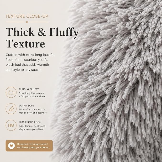 REAFORT Long Hair Faux Fur Euro Sham Cover 26"x26", Hidden Zipper (Grey) | Ultra-soft plush faux fur with a hidden zipper adds luxurious comfort and is machine washable for easy care.