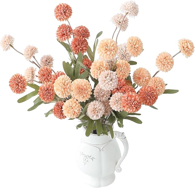 9pcs Burnt Orange Peach Mix Faux Silk Mums Artificial Flowers, Bulk Fake Small Mini Chrysanthemums with Stems for DIY Wedding Centerpieces Floral Arrangements Vase Fillers Home Decorations