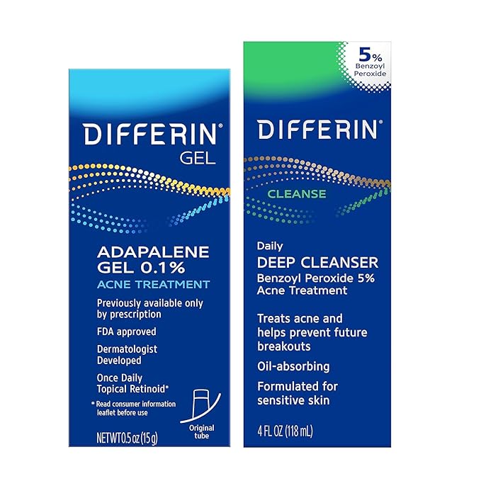 Differin Acne Skin Care Kit, Differin Gel Retinoid Acne Treatment for Face with 0.1% Adapalene & 5% Benzoyl Peroxide Face Wash & Body Wash, Designed for Pimple and AcneProne Skin (Pack of 10)