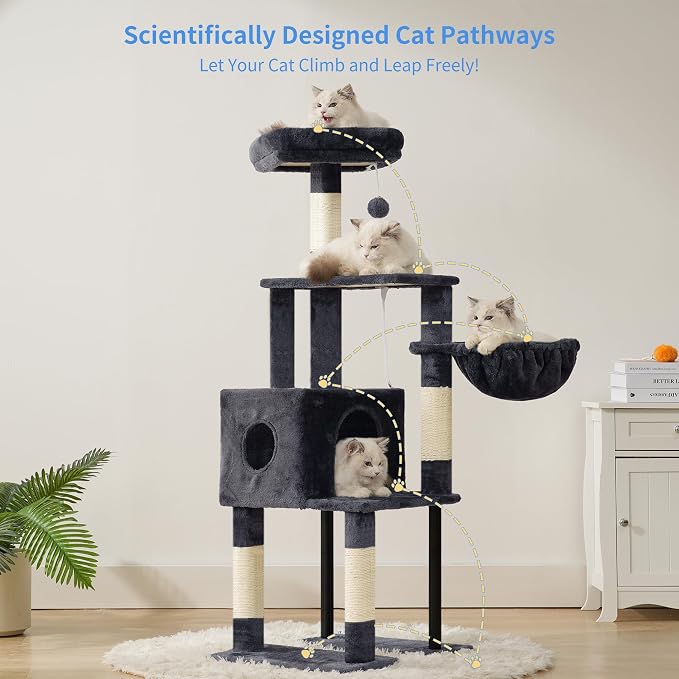Heybly Cat Tree with Toy, 49.2 inch Cat Tower for Indoor Cats HCT200SG | Spacious Cat House Condo with Hidden Space，Soft Plush Top Perch，Cozy Hammock and Sisal Scratching Posts, Smoky Gray