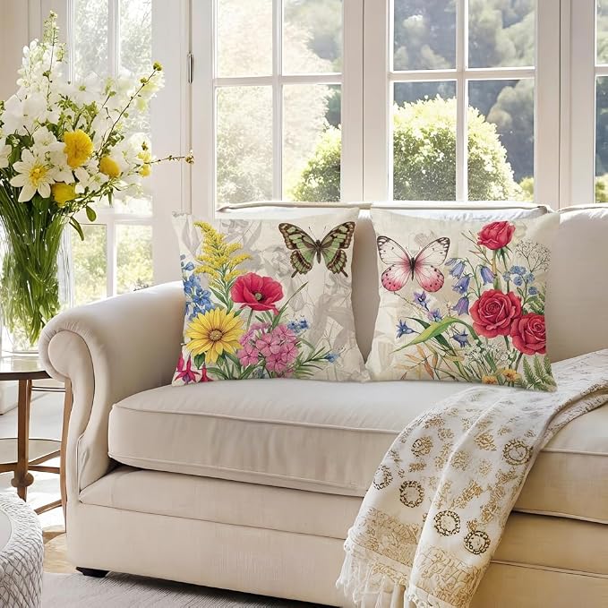 wyooxoo Throw Pillow Covers 20x20 Set of 4 Decorative Spring Pillow Covers Linen Flower Butterfly Farmhouse Pillowcases for Sofa Couch Living Room Outdoor