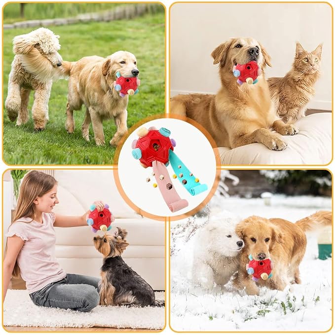 Dog Snuffle Ball-Interactive Puzzle Dog Toys Encourage Natural Foraging Skills Slow Feeder for Training and Stress Relief, Cloth Strip Hiding Food Dog Toys for Any Size Dogs (Red Macaron)