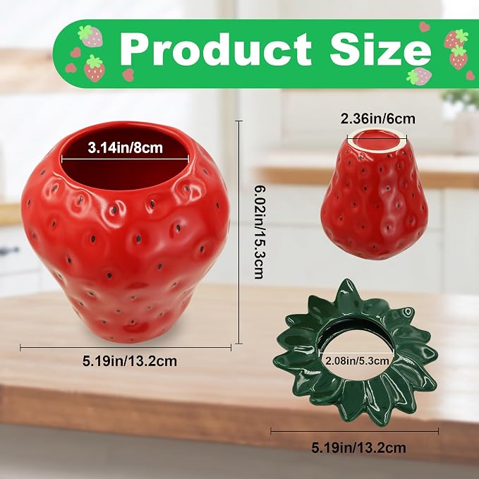 Vintage Ceramic Strawberry Vase, Red Strawberry Flower Pot Planter with Lid | Strawberry Shaped Planter Ceramic Vase for Flowers, Inspired Strawberry Decorative Vases for Home Decor