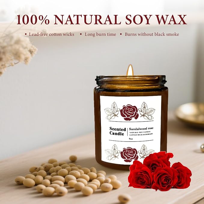 Coniol Natural Sandalwood Rose Scented Candle for Home - Rich & Warm Aromatherapy for Home Relaxation, Holiday Decor & Stress Relief, Premium Soy Wax for Family Coziness