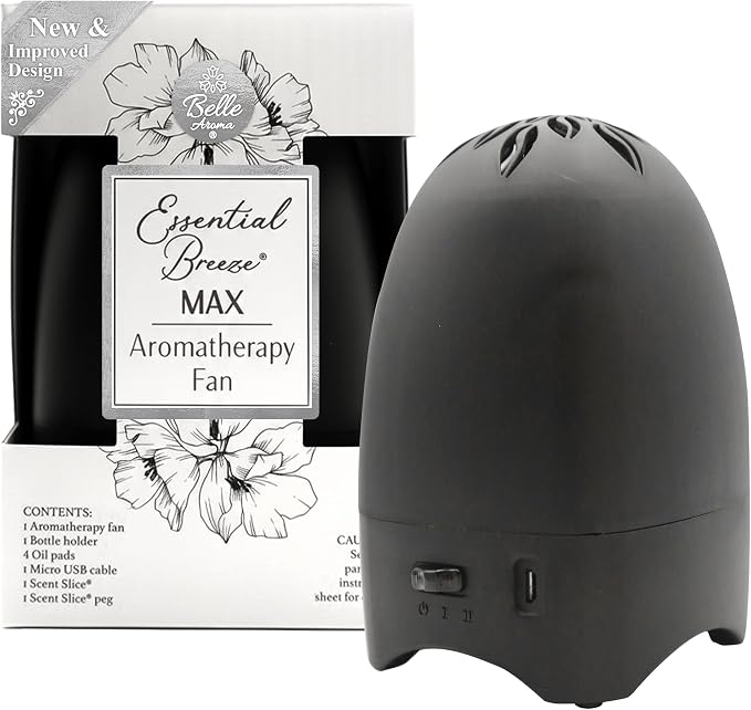 Belle Aroma Essential Breeze Max Aromatherapy Fan – Upgraded Dry Diffuser for Essential Oils or EVA Inserts – Battery or USB Powered – 30-Day Scent – No Water – for Desk, Travel, or Car - Slate