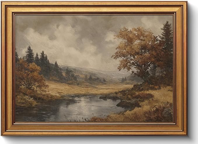 Vintage Gold Framed Wall Art Fall Forest Lake Landscape Painting Wall Decor | Autumn Scenery Pictures Canvas Art Farmhouse Cottagecore Small Framed Prints Artwork for Bookshelf Hallway Gallery Wall