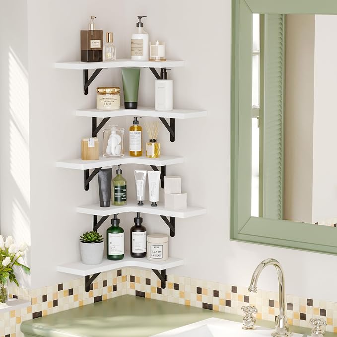 Fixwal Conner Shelves Wall Mounted for Decor, White Set of 5 | Solid wood shelf with metal brackets, holds 40 lbs. Optimizes corner storage. Fits bathroom, kitchen, bedroom & living room.