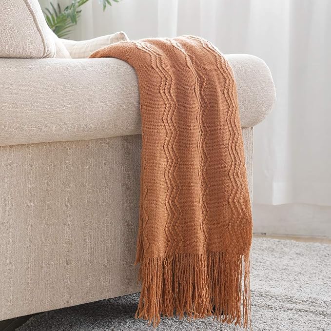 BOURINA Almond Throw Blanket 50x90 Inch Boho Knitted Soft Throw Bed Blanket | Knitted Throw Blanket 50x90 Inches, Soft Lightweight Boho Weave Throw Decorative Couch Blanket for Living Room Bed Runner