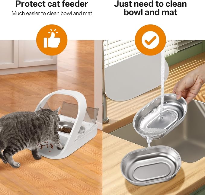Stainless Steel Bowl for Automatic Microchip Cat Pet Feeder, Design for Keeping Food Fresh and Reducing Odor, 2 Pcs+1 Grey Mat