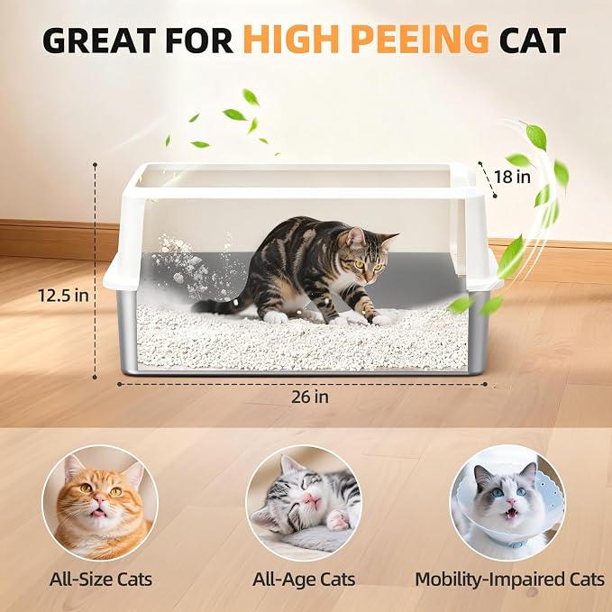 WoofiGo XXL Stainless Steel Cat Litter Box, High Sided Open Top Litter Pan | Anti-Urine Leakage Design, Spacious Interior for Big Cats, Non-Stick, Odor Resistant, Easy Clean, Scoop Included (White)