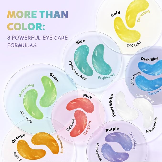 Under Eye Patches Variety Pack (8 Pairs), Eye Masks for Dark Circles Puffy Eyes Undereye Bags With 8 Colors (1 Pairs/Color), Vegan Eye Skin Care Set for Bachelorette Party Favors